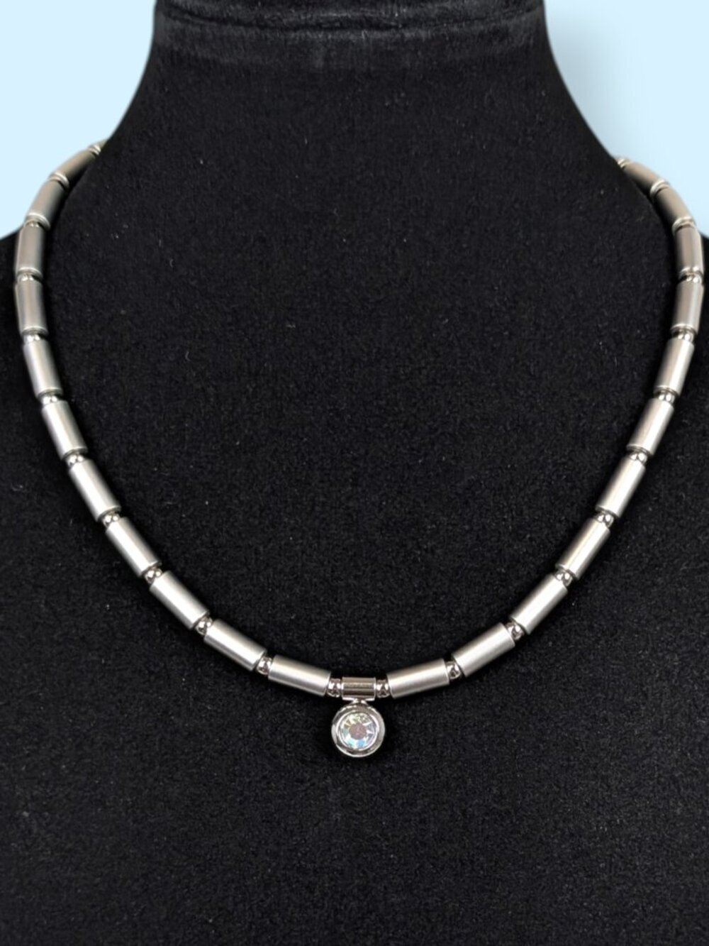 Brushed Metal Beaded Crystal Pendant Necklace